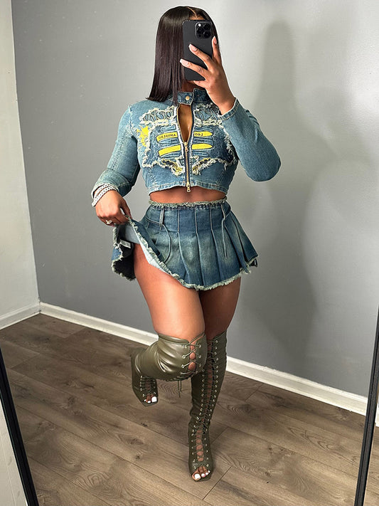 Denim Jacket & Pleated Skirt Set - ECHOINE