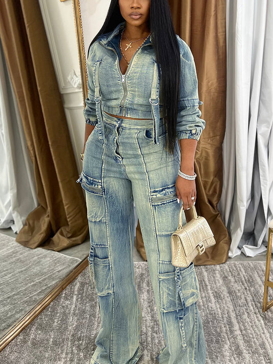 Vintage Washed Denim Cargo Set - ECHOINE