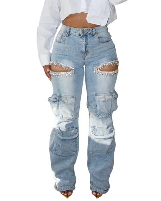 Rhinestone Cutout Cargo Jeans