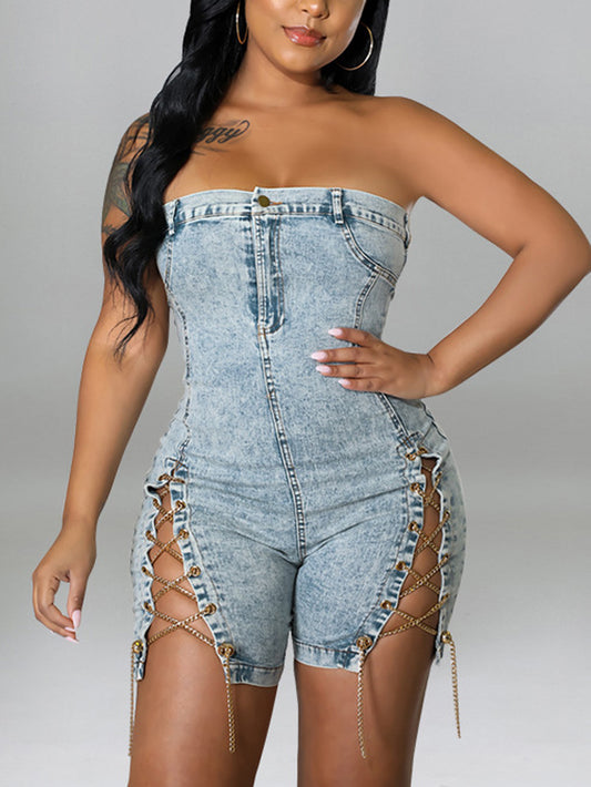 Strapless Denim Lace-up Rompers - ECHOINE