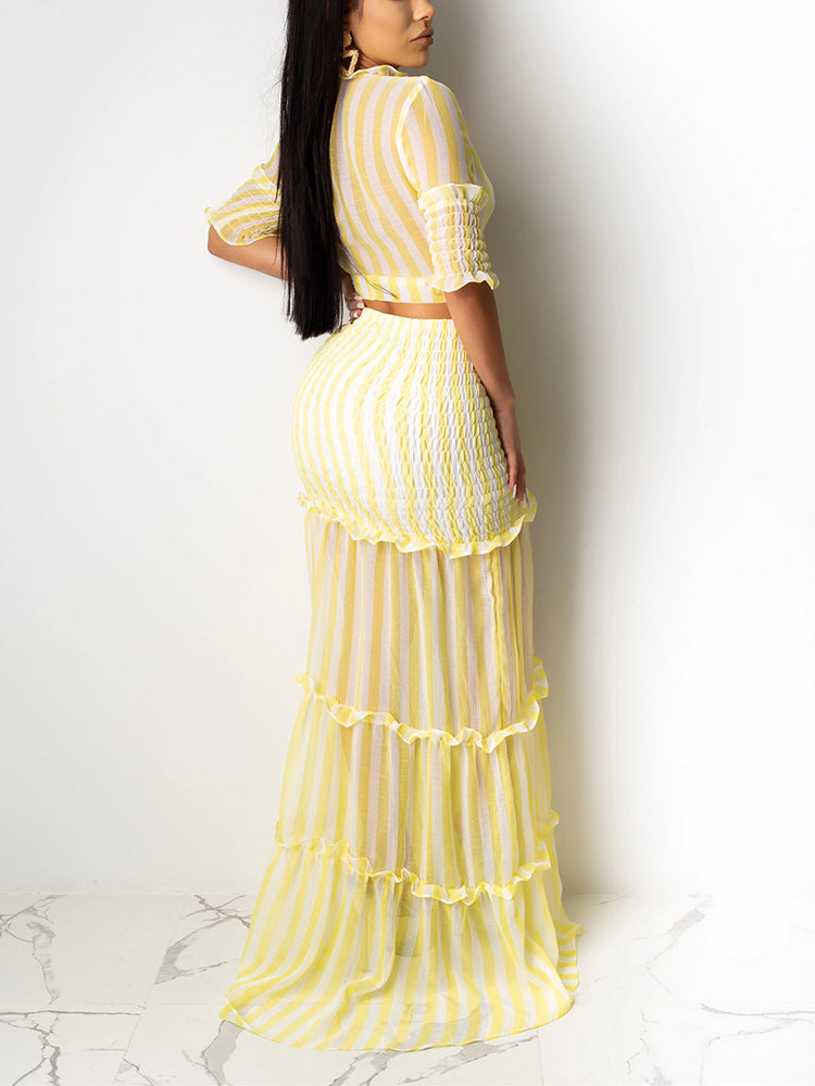 Striped Crop Top Ruffle Skirt Set - ECHOINE