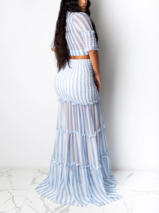 Striped Crop Top Ruffle Skirt Set - ECHOINE