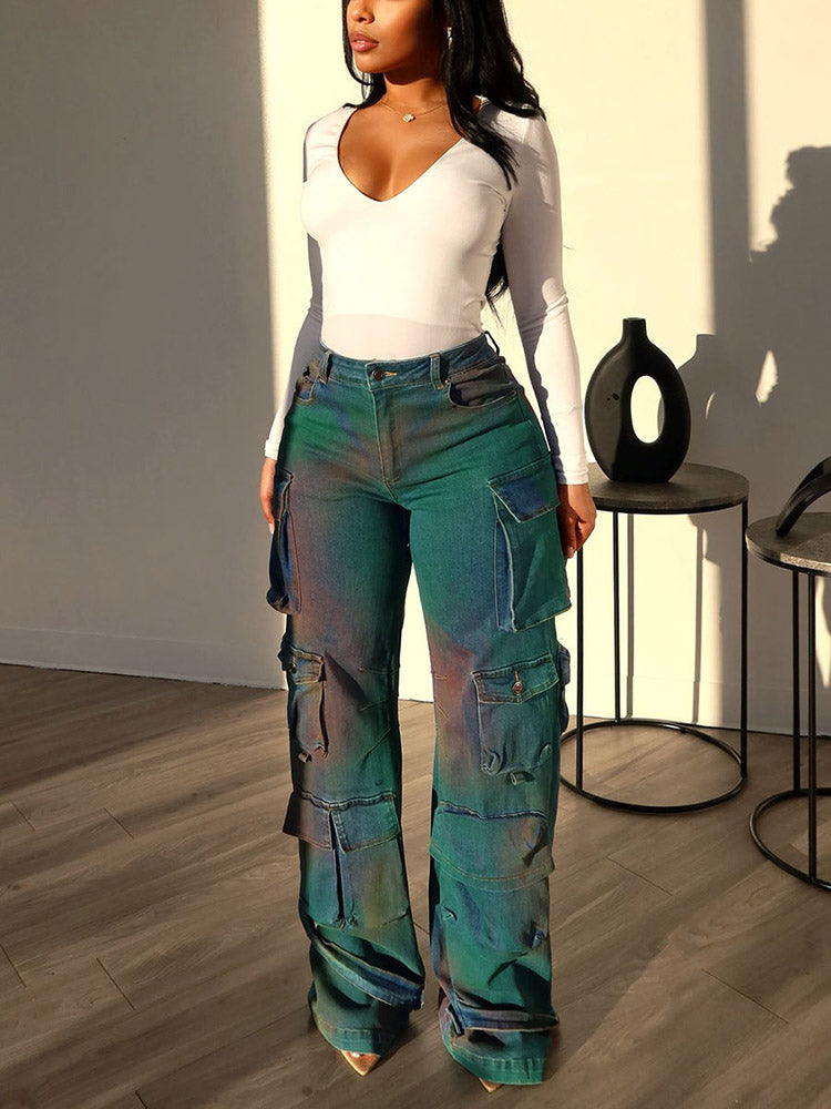 Iridescent Denim Cargo Jeans - ECHOINE