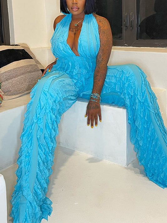 Halter V Neck Fringe Jumpsuit - ECHOINE