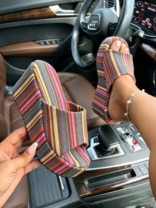 Rainbow Striped Platform Wedge Sandals