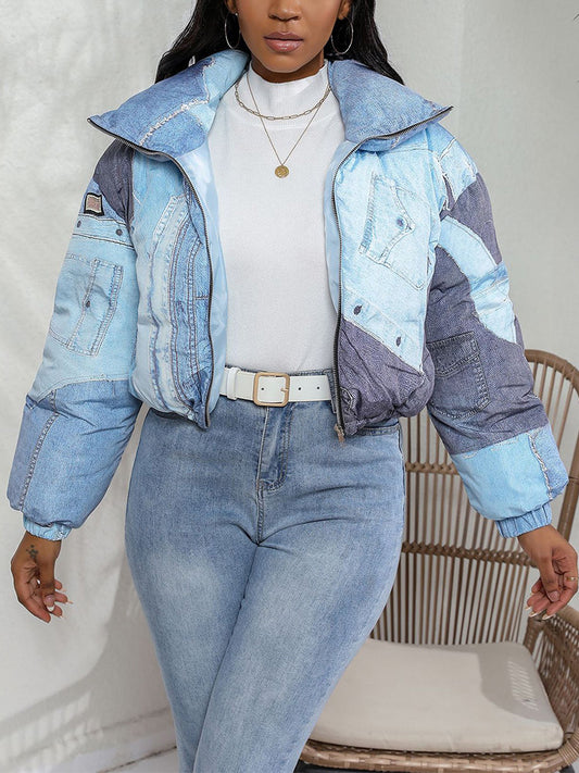 Denim Printed Puffer Jacket - ECHOINE