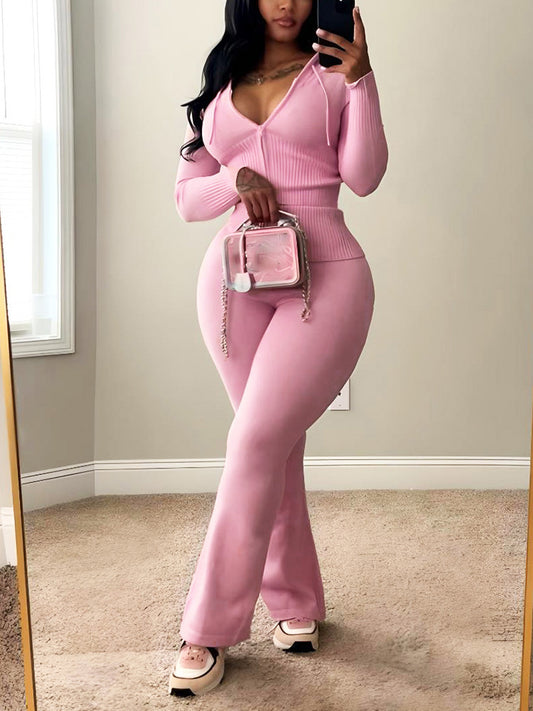 Knit Crop Hoodie & Flare Pants Set - ECHOINE