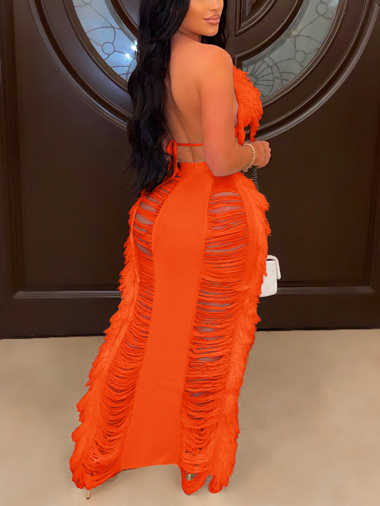 Fringe Halter Trim Top & Skirt Set - ECHOINE