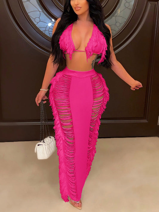 Fringe Halter Trim Top & Skirt Set - ECHOINE