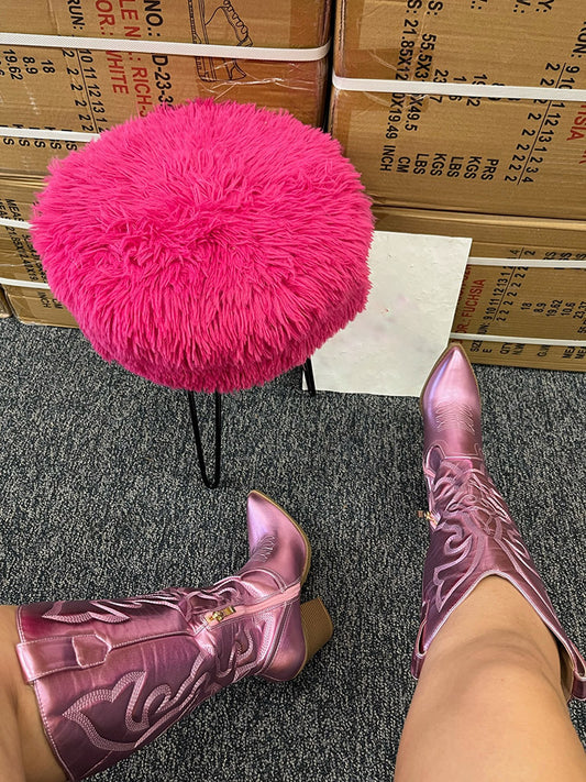 Metallic PU Leather Cowboy Boots - ECHOINE