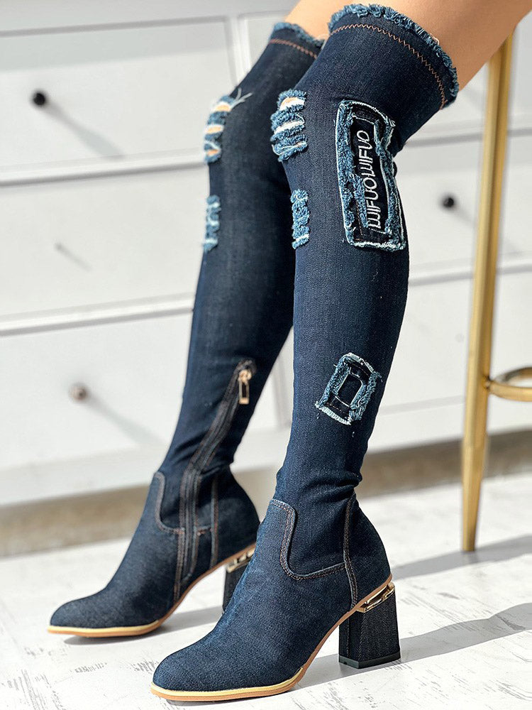 Ripped Over The Knee Denim Boots - ECHOINE