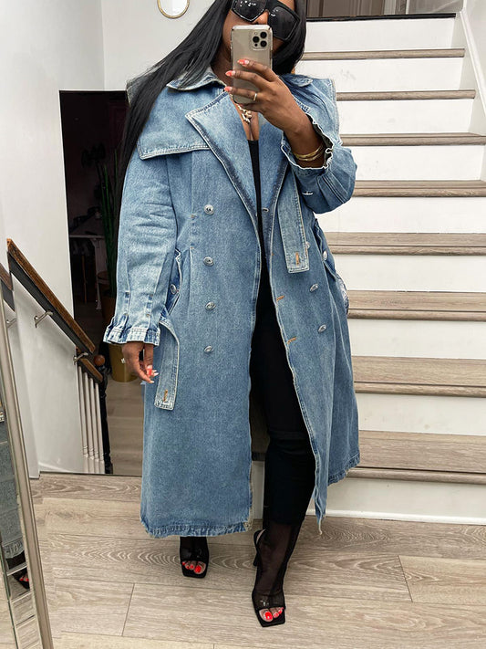 Double-Breasted Denim Trench Coat - ECHOINE
