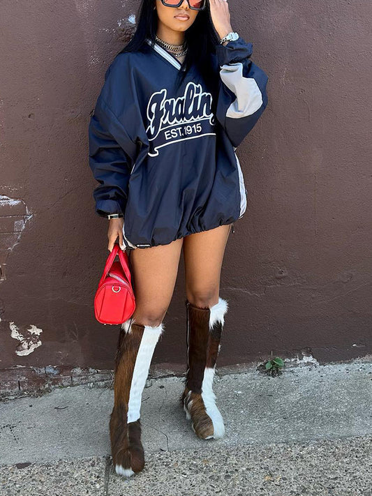 Letter Printed Drawstring Sweatshirt - ECHOINE