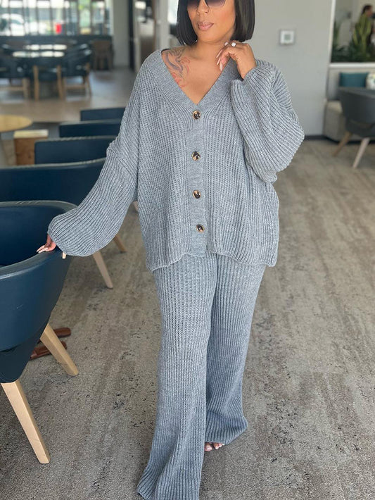 Knit Button Cardigan & Wide Pants Set - ECHOINE