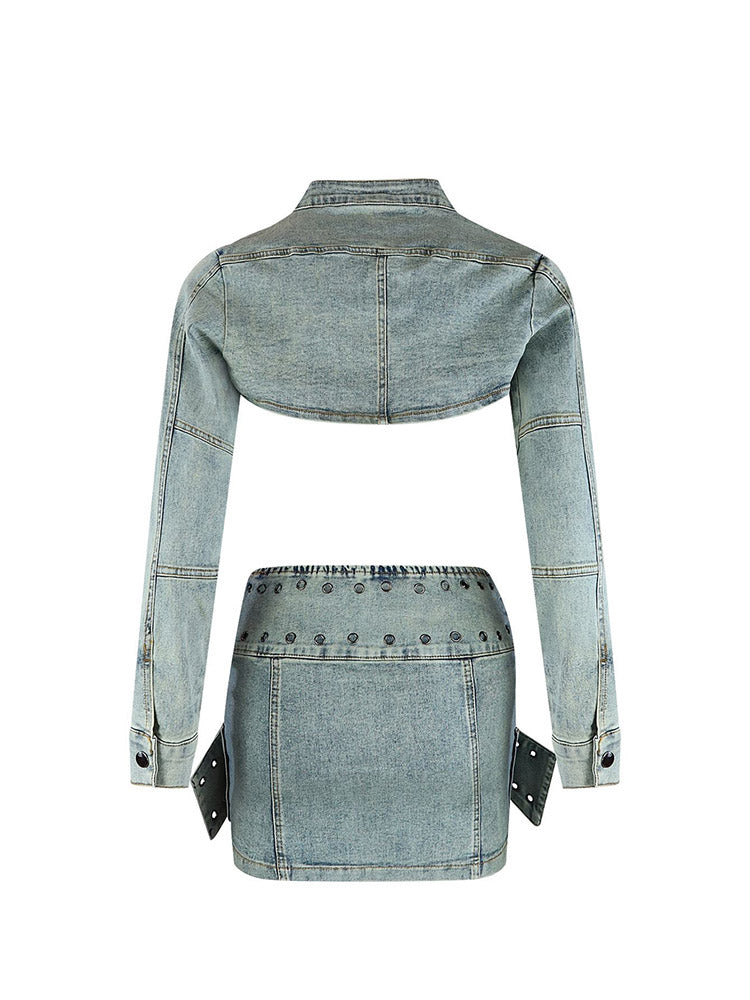 Denim Buckle Bolero Jacket & Skirt Set - ECHOINE