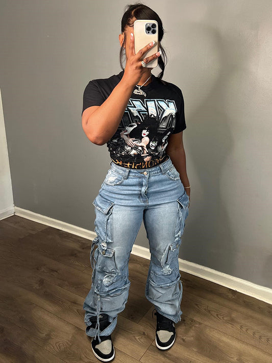 Denim Ripped Cargo Pocket Jeans - ECHOINE