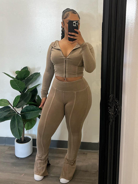 Washed Hoodie and Flare Pants Set - ECHOINE