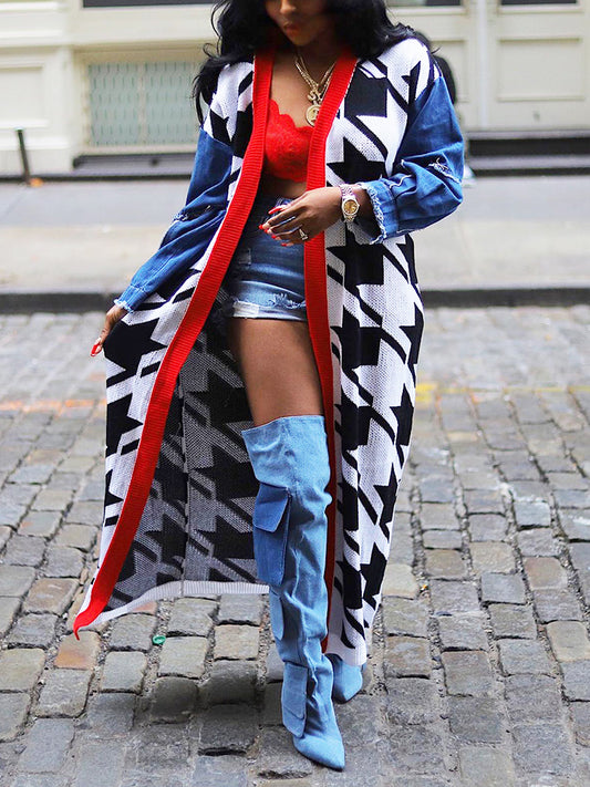 Denim Sleeve Houndstooth Cardigan - ECHOINE