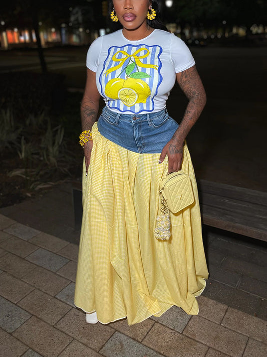 Haut imprimé nœud et pantalon en jean vichy