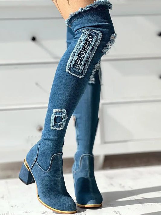 Ripped Over The Knee Denim Boots - ECHOINE