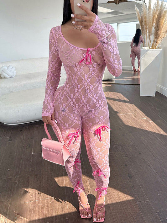 Bow Decor Lace Mesh Jumpsuit - ECHOINE