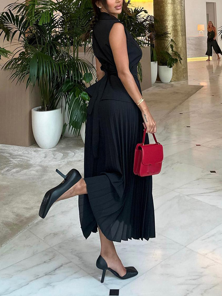 Sleeveless Blazer Pleated Maxi Skirt Set - ECHOINE
