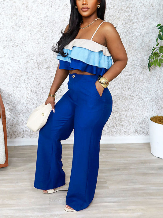 Ruffle Crop Top & Wide-Leg Pants Set