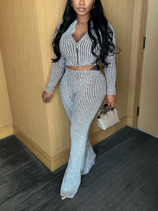 Knit Zipper Crop Top Slim Pants Set - ECHOINE