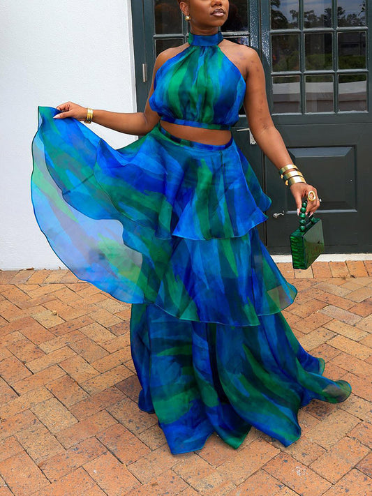 Halter Crop Top Layered Skirt Set - ECHOINE