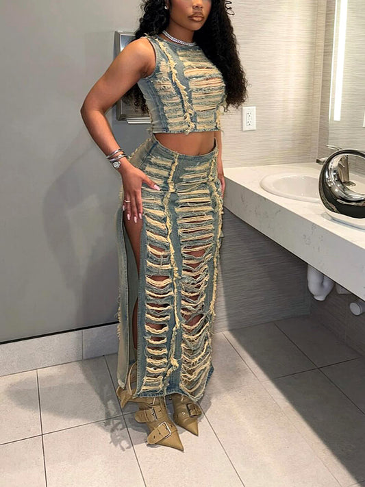 Denim Ripped Skirt Set - ECHOINE