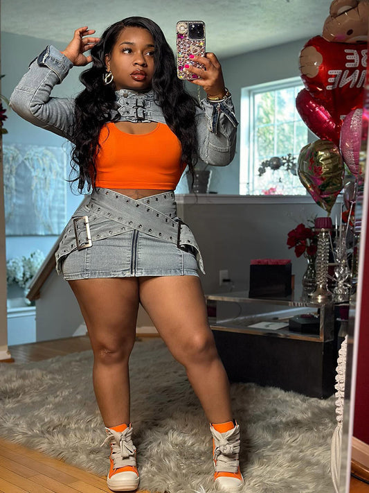 Denim Buckle Bolero Jacket & Skirt Set - ECHOINE