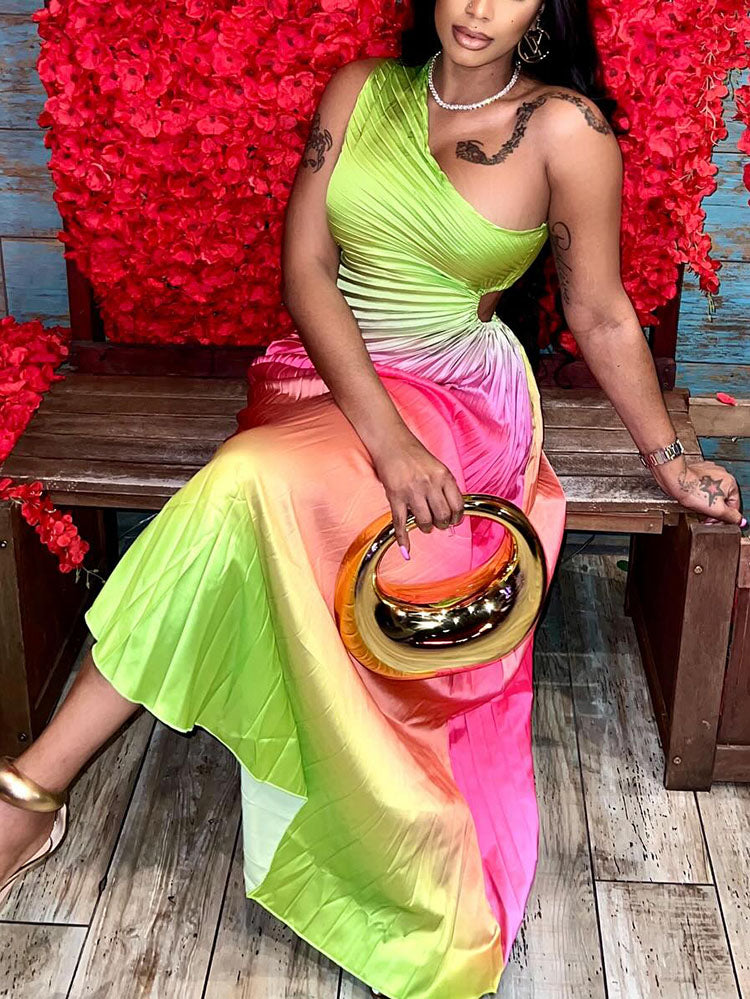 Gradient One Shoulder Pleated Dress