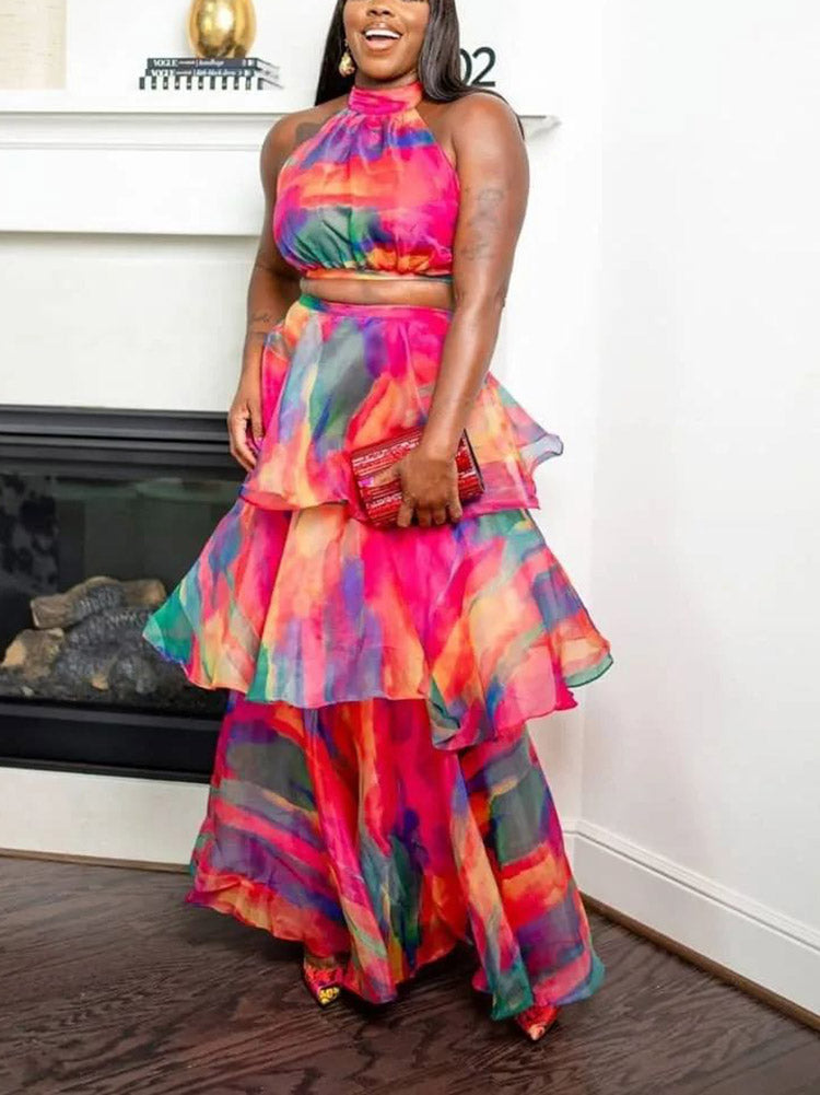 Halter Crop Top Layered Skirt Set - ECHOINE