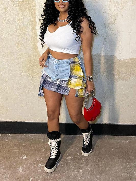 Denim Patchwork Plaid Irregular Skirt - ECHOINE