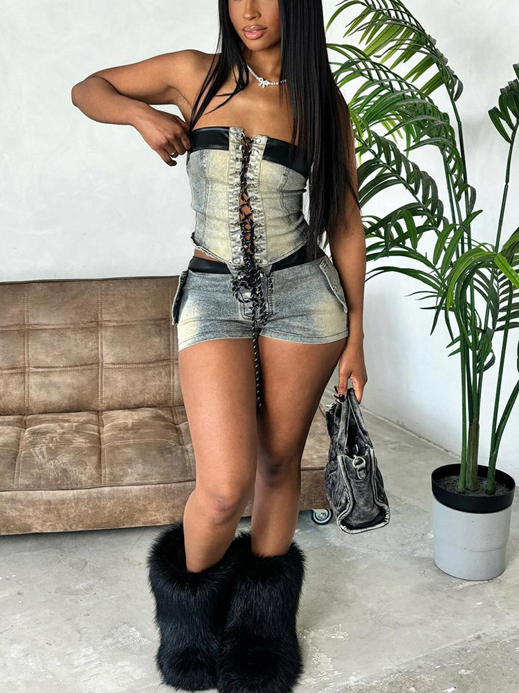 Lace-Up Denim Shorts Set - ECHOINE