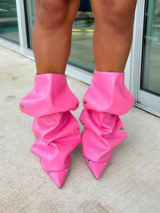 Leather Press Stud Ankle Boots - ECHOINE