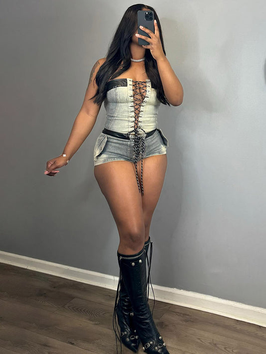 Lace-Up Denim Shorts Set - ECHOINE