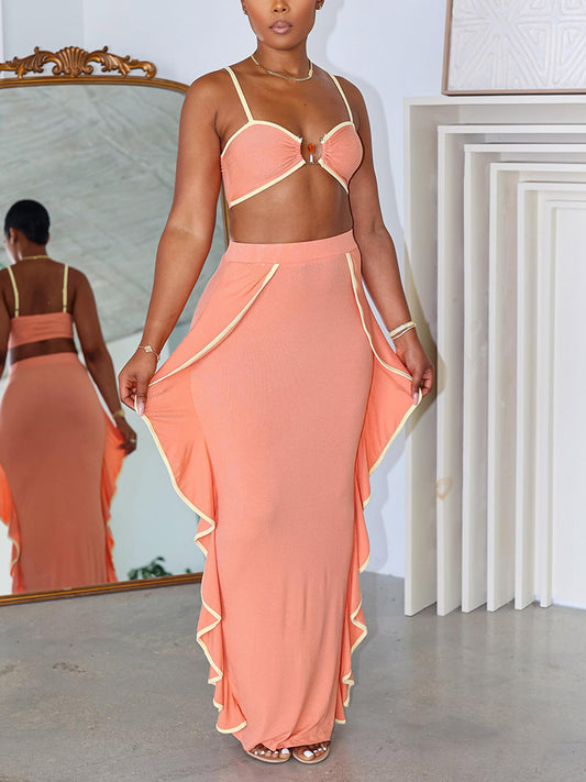 Ribbed Bralette & Ruffle Trim Skirt Set - ECHOINE
