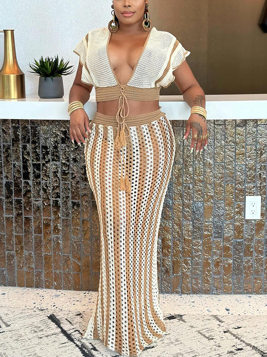 Breezy Crochet Stripe Skirt Set - ECHOINE
