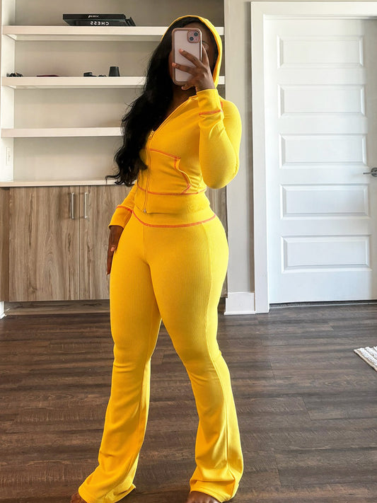 Waffle Knit Hoodie and Flare Pants Set - ECHOINE