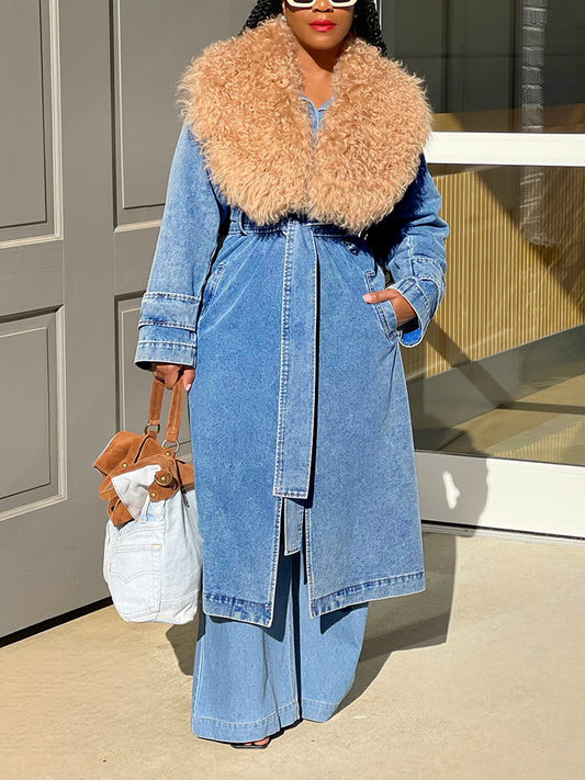Fur Collar Denim Trench Coat - ECHOINE
