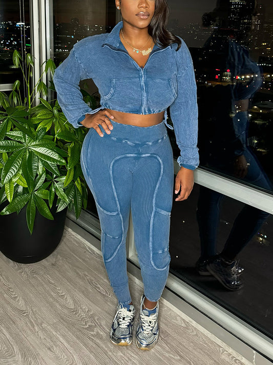 Washed Zip Crop Jacket & Leggings Set - ECHOINE