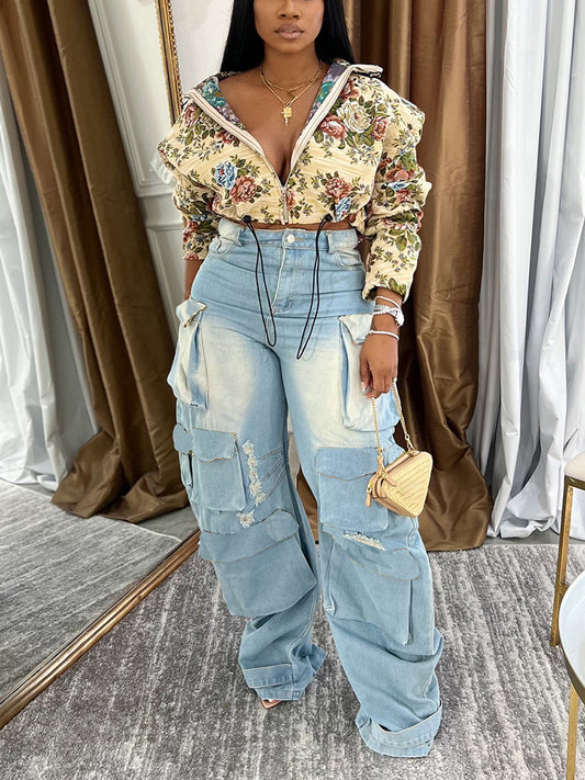 Vintage Floral Zip-Up Crop Jacket - ECHOINE