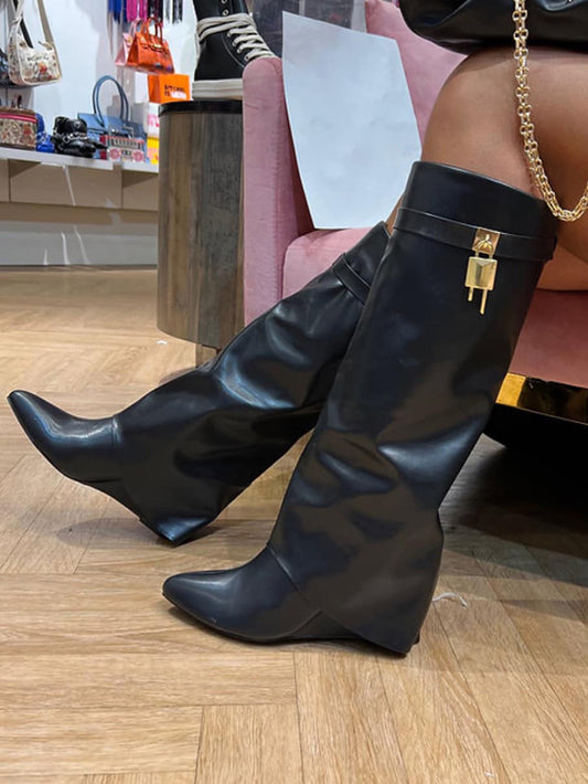 Lock & Key Leather Wedge Heel Boots - ECHOINE