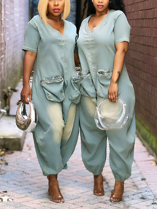 Denim Loose Cargo Jumpsuit