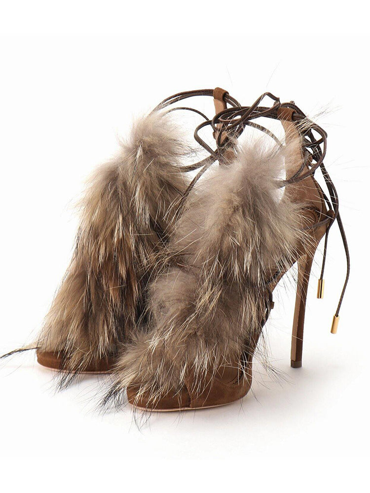 Suede Fur Lace-Up Sandals