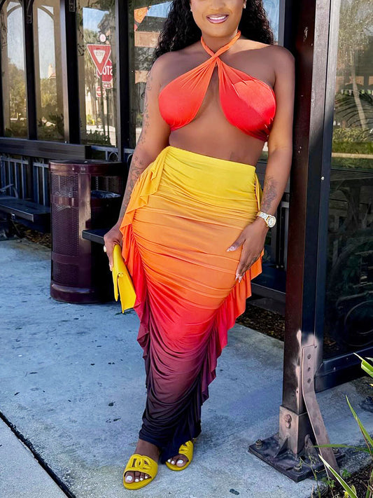 Sunset Ombre Ruched Skirt Set