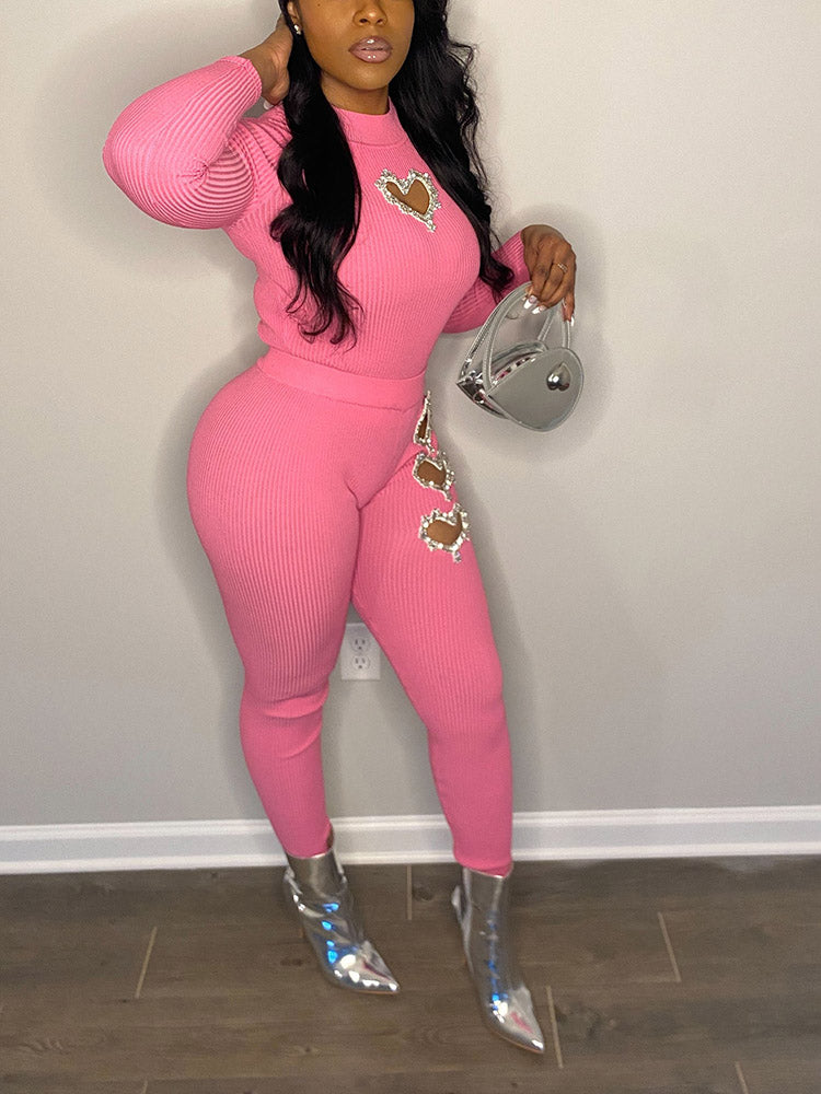 Ribbed Rhinestone-Heart Legging Set - ECHOINE