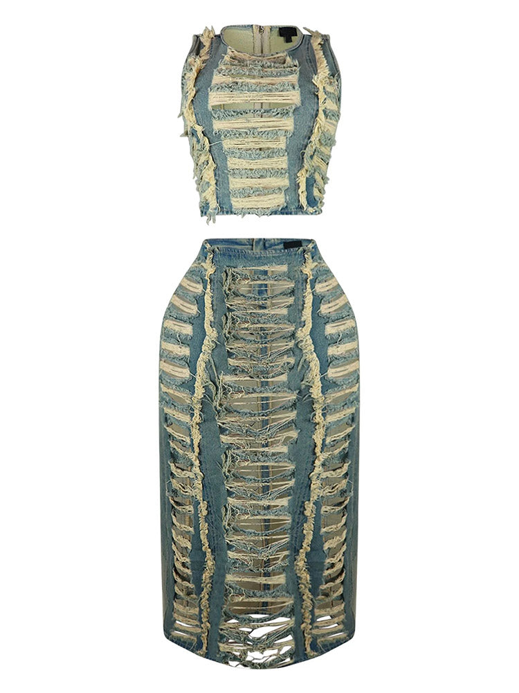 Denim Ripped Skirt Set - ECHOINE