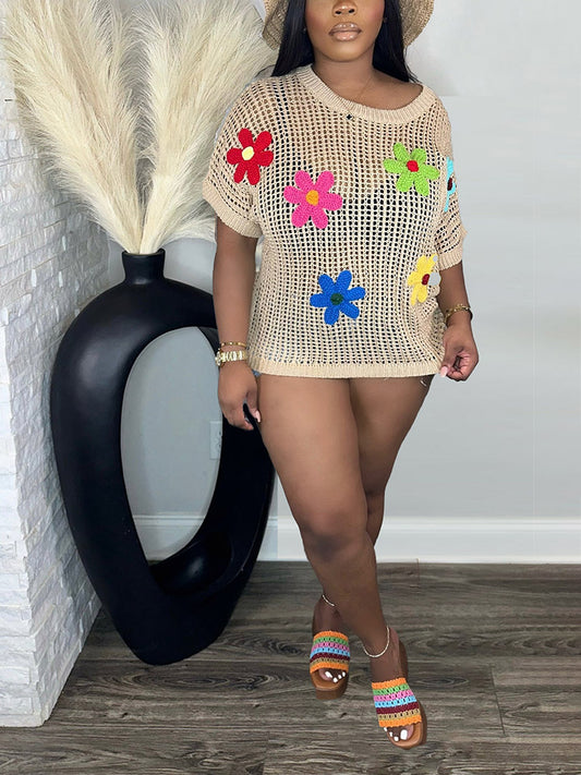 Beach Floral Crochet Knit Top - ECHOINE
